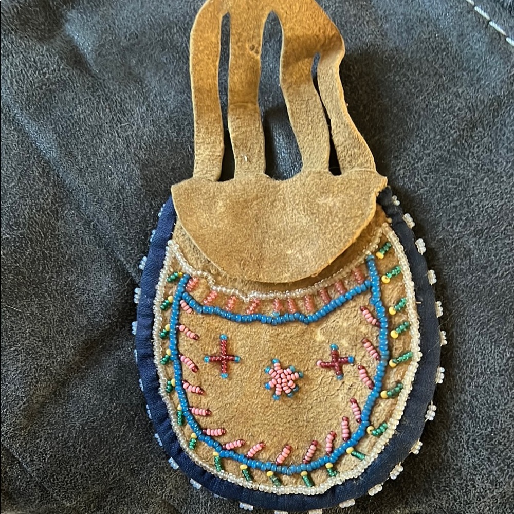 Tan and Blue Mini Bag with Intricate Beadwork